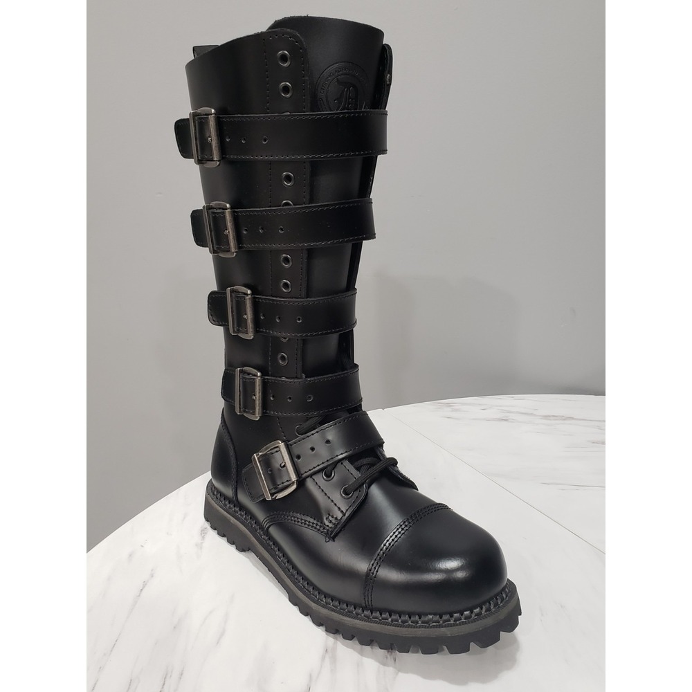 WOMENS 12 / MENS 10 DEMONIA Riot 18 Knee-High Buckle Strap Combat Boots 18BK